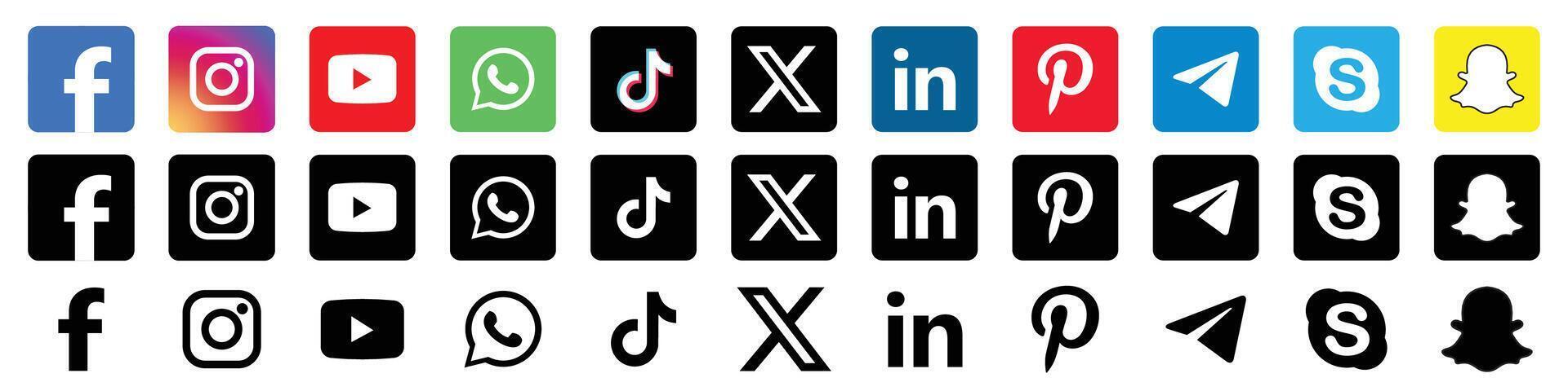 Social media icons. Realistic social media logotype collection. Set popular social media icons. Facebook, Instagram, YouTube, TikTok, Whatsapp, X and more vector