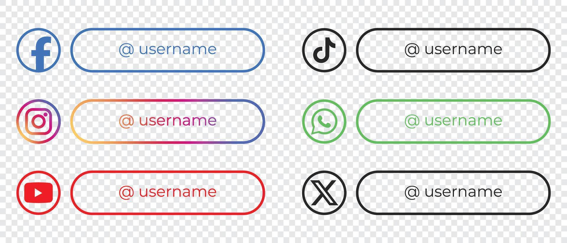 Social media lower third icons. Vector username icons. Facebook, Instagram, YouTube, TikTok, Whatsapp, X