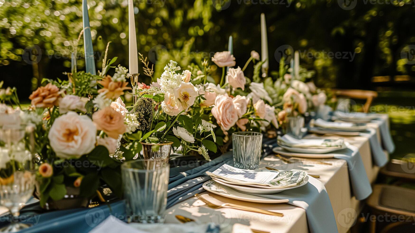 ai generado jardín fiesta paisaje de mesa, elegancia con floral mesa decoración foto