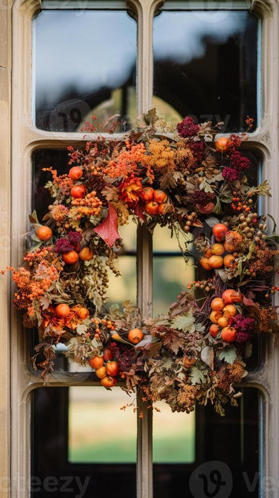 AI generated Autumn wreath decoration, autumn holiday season in the English countryside style, botanical autumnal decor photo