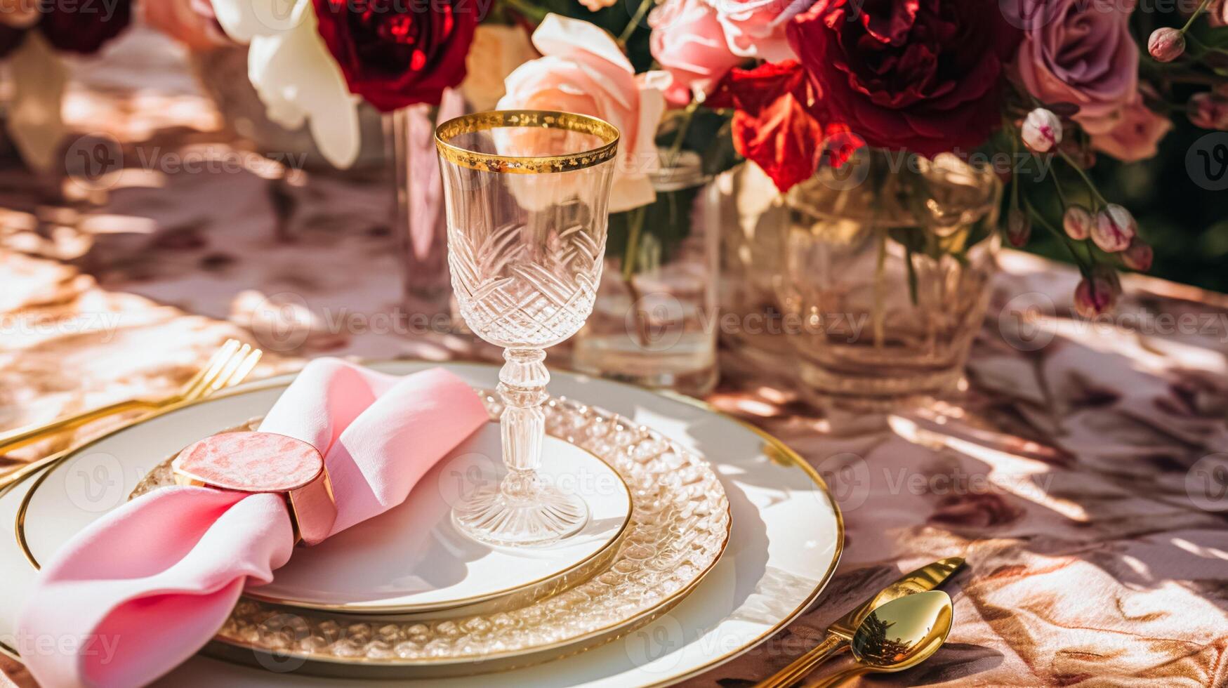 AI generated Wedding and event celebration tablescape with flowers, formal dinner table setting with roses and wine, elegant floral table decor for dinner party and holiday decoration, home styling photo
