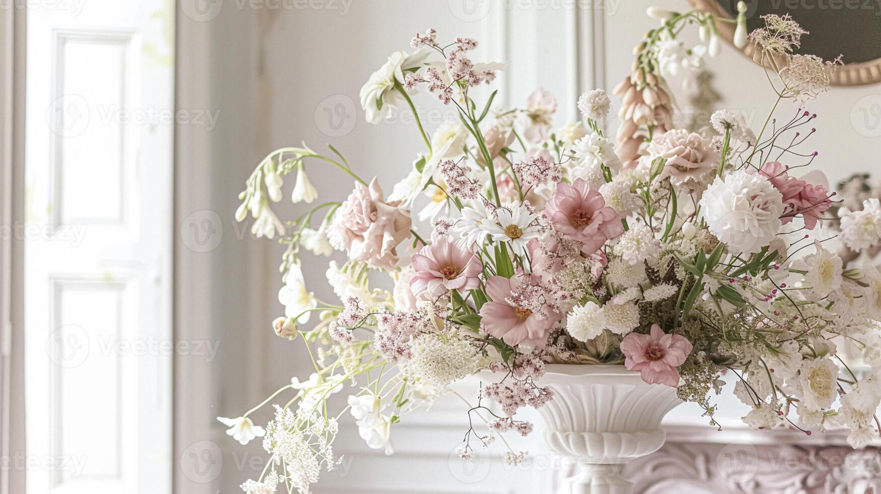 AI generated Spring flowers in vintage vase, beautiful floral arrangement, home decor, wedding and florist design photo