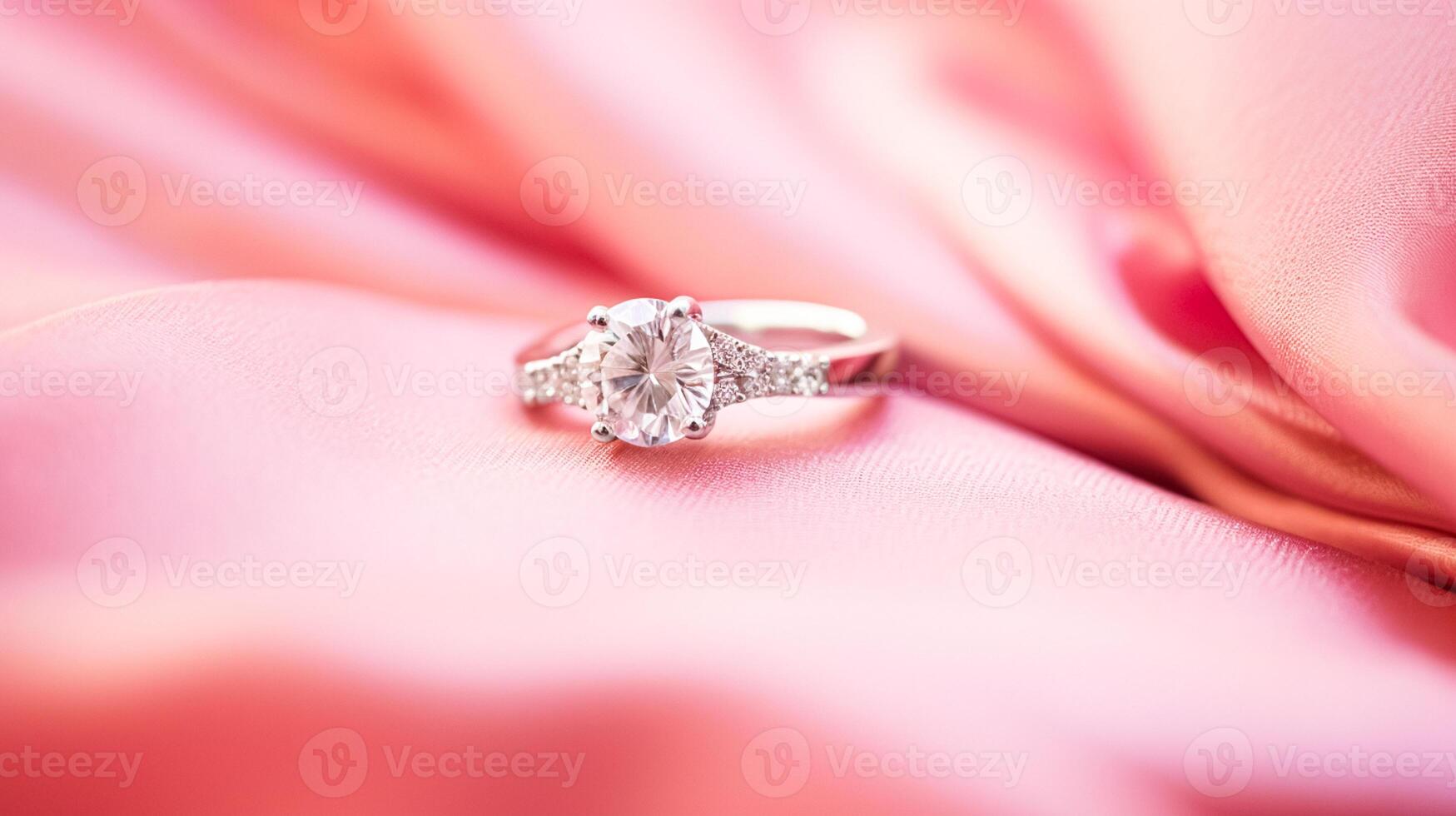 AI generated Jewellery, proposal and holiday gift, diamond engagement ring on pink silk fabric, symbol of love, romance and commitment photo