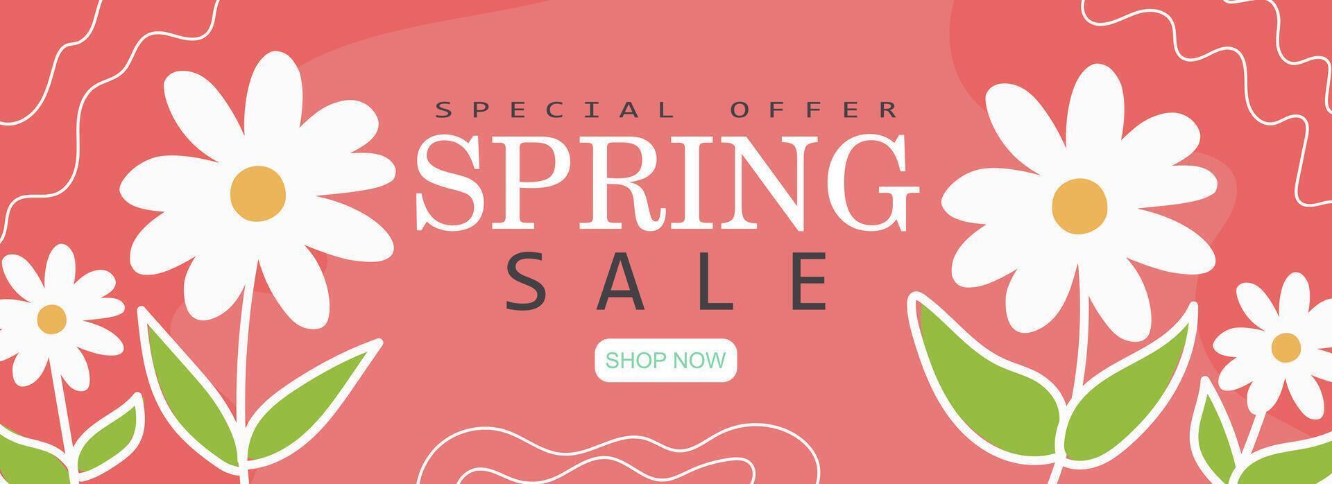 Spring sale banner design decorated with flowers. Vector illustration drawn by hand.