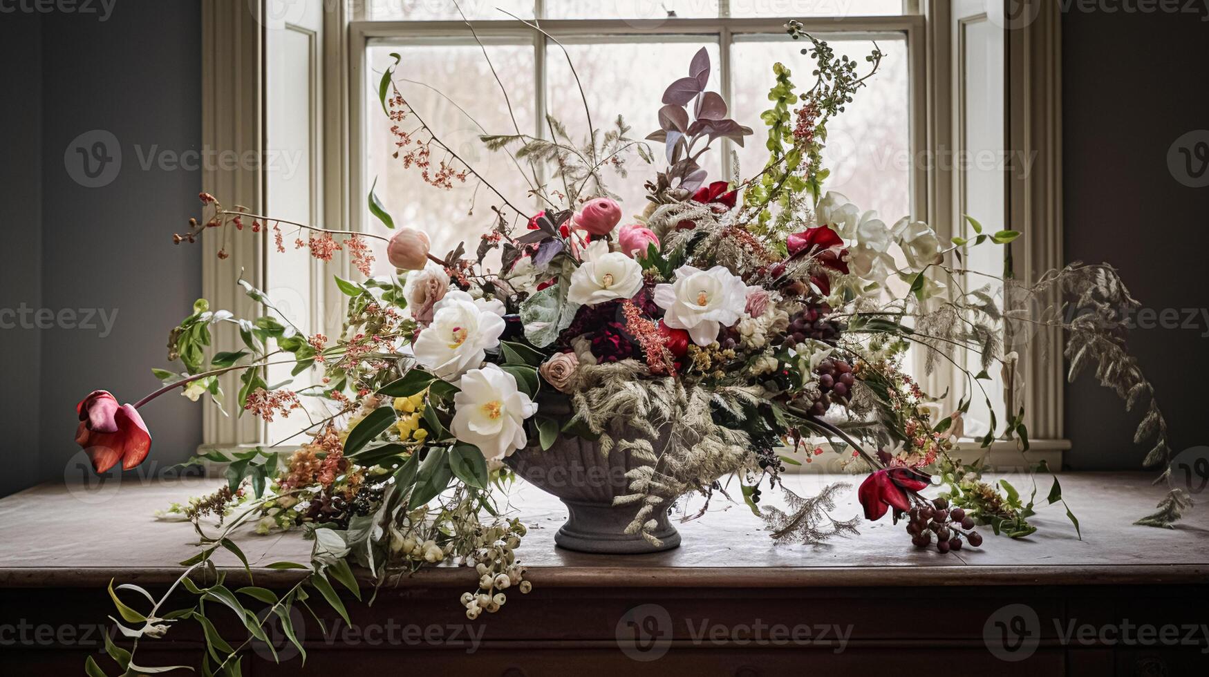 AI generated Floral arrangement with winter, autumn or early spring botanical plants and flowers photo