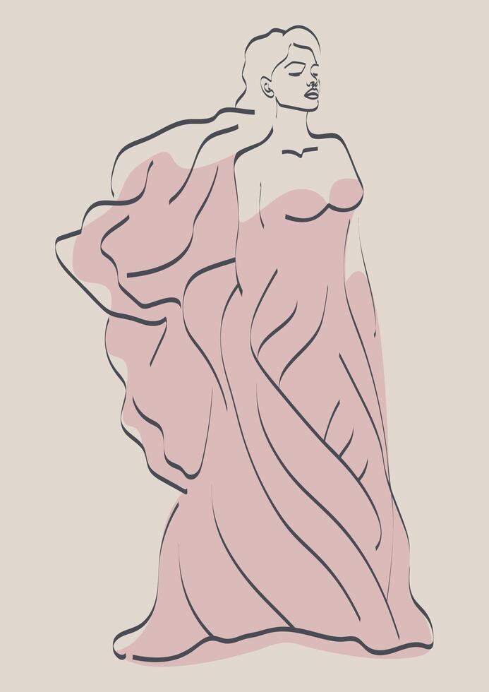 Beautiful standing woman in dress sketch drawing. Minimalistic stylish lady line art. vector