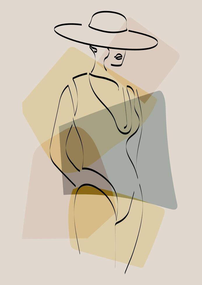 Young woman in hat linear drawing illustration poster. Minimalistic stylish lady sketch art. vector