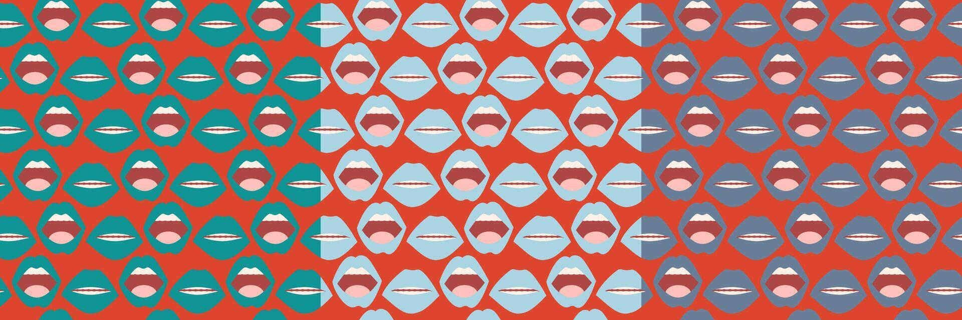 Feminine cheeky bright lips vector seamless pattern. Red lipstick make up. Women fashion design.