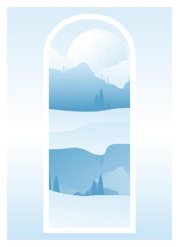 Mountains winter view with white peaks illustration. Aesthetic boho background with frozen lake vector