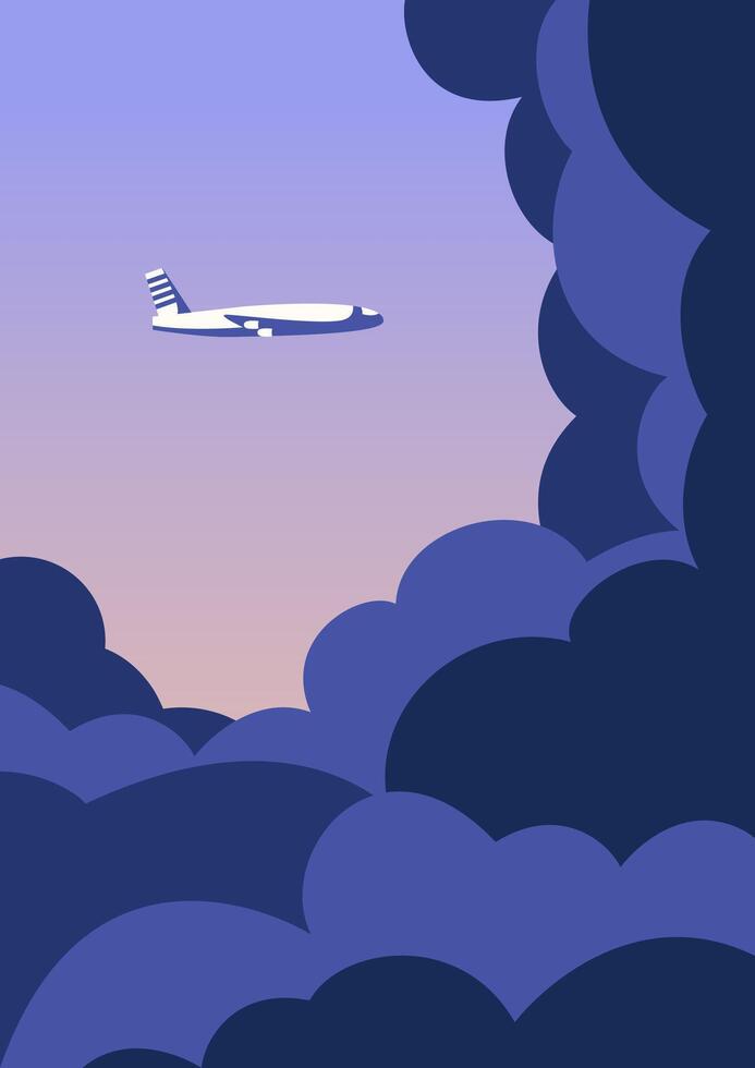 Plane flying in the sky among big cumulus clouds illustration. Vector gradient illustration