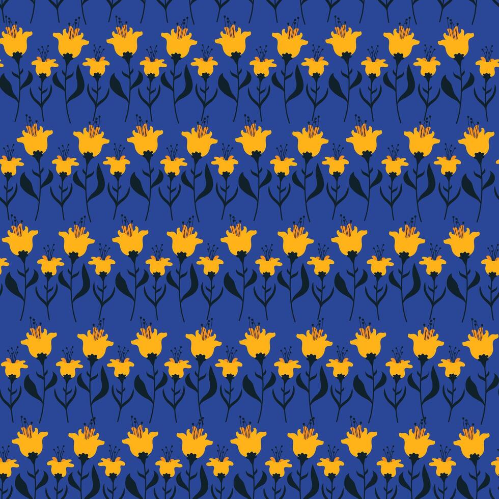 vistoso y brillante primavera tulipanes sin costura modelo. amarillo flores en azul antecedentes. vector