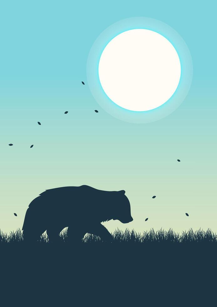 Aesthetic summer field and bear silhouette. Wildlife animals in nature. Grizzly bear vector