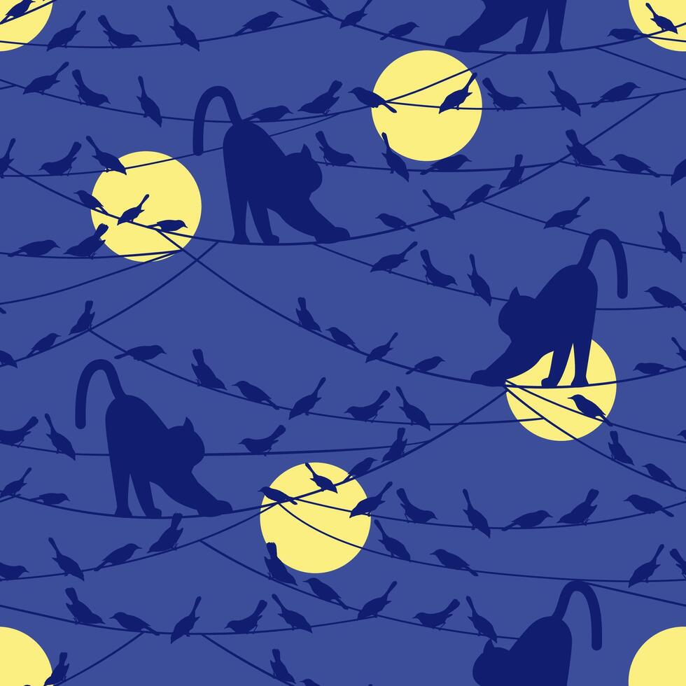 Birds and cat on wire night pattern. Vector blue cartoon illustration.