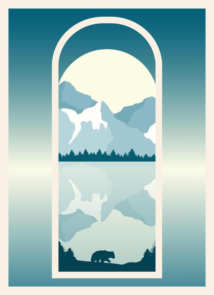 ver de congelado montañas lago paisaje vista. bosque con fauna silvestre animales, oso silueta vector