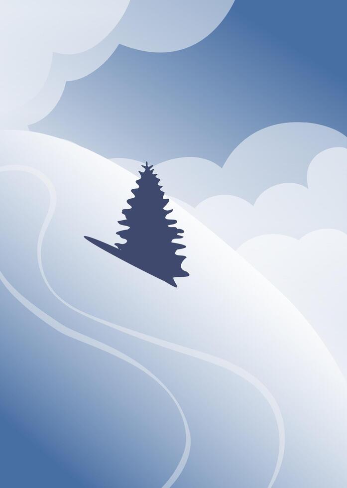 Winter landscape with pine tree on the snowy hill. Vector Happy New Year illustration.