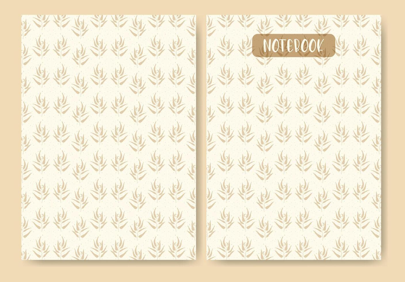 Notebook with beige leaf and stars pattern. Cover page aesthetic artwork. Silhouette of plants vector