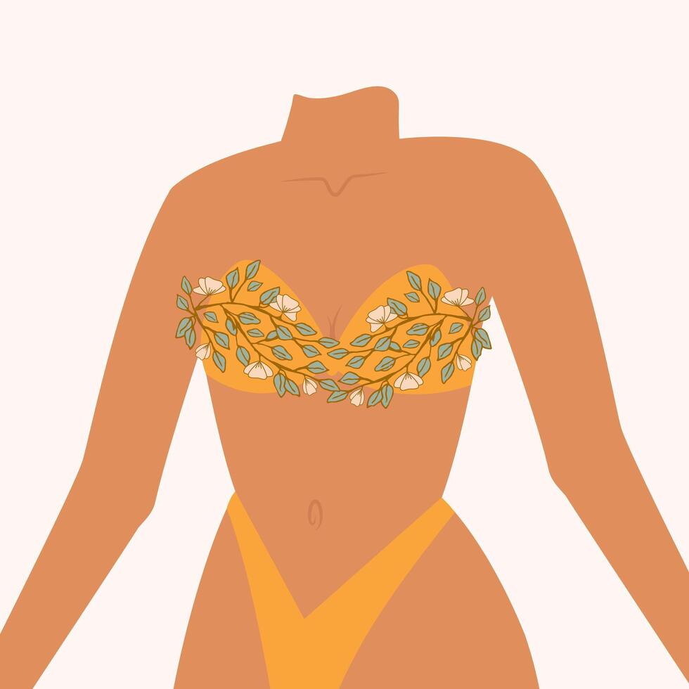 Young woman with breast cancer illustration character. Breast cancer awareness month. Woman beauty. vector
