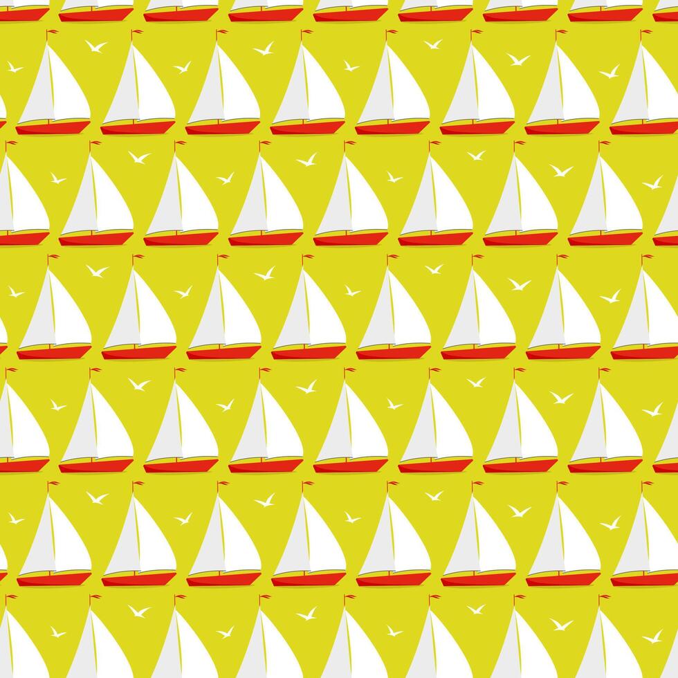 Colorful doodle maritime seamless vector pattern. Multicolored simple ship background. Flying sea birds