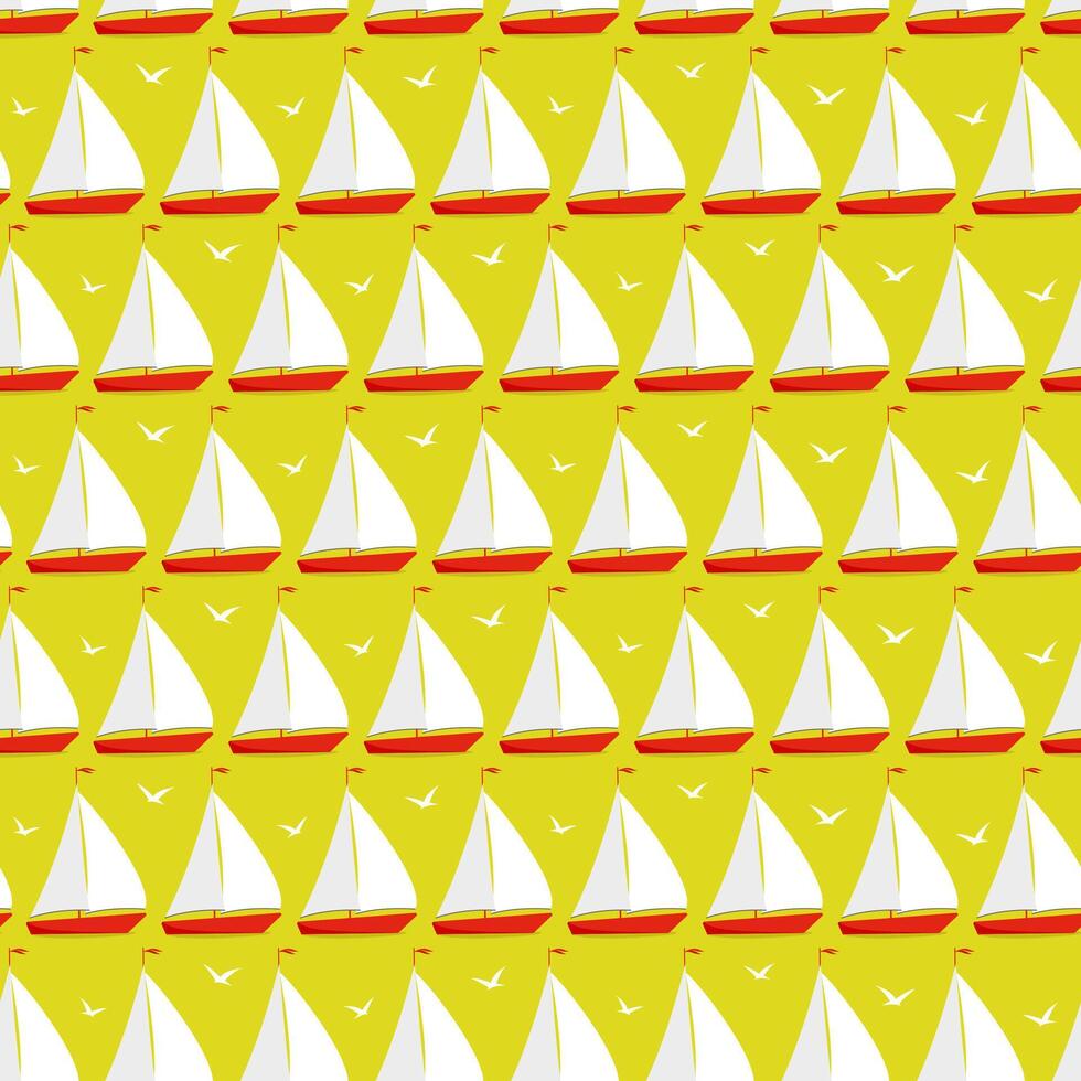 Colorful doodle maritime seamless vector pattern. Multicolored simple ship background. Flying sea birds