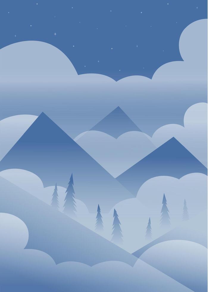 estético azul montañas entre nubes paisaje. noche panorama con bosque póster vector