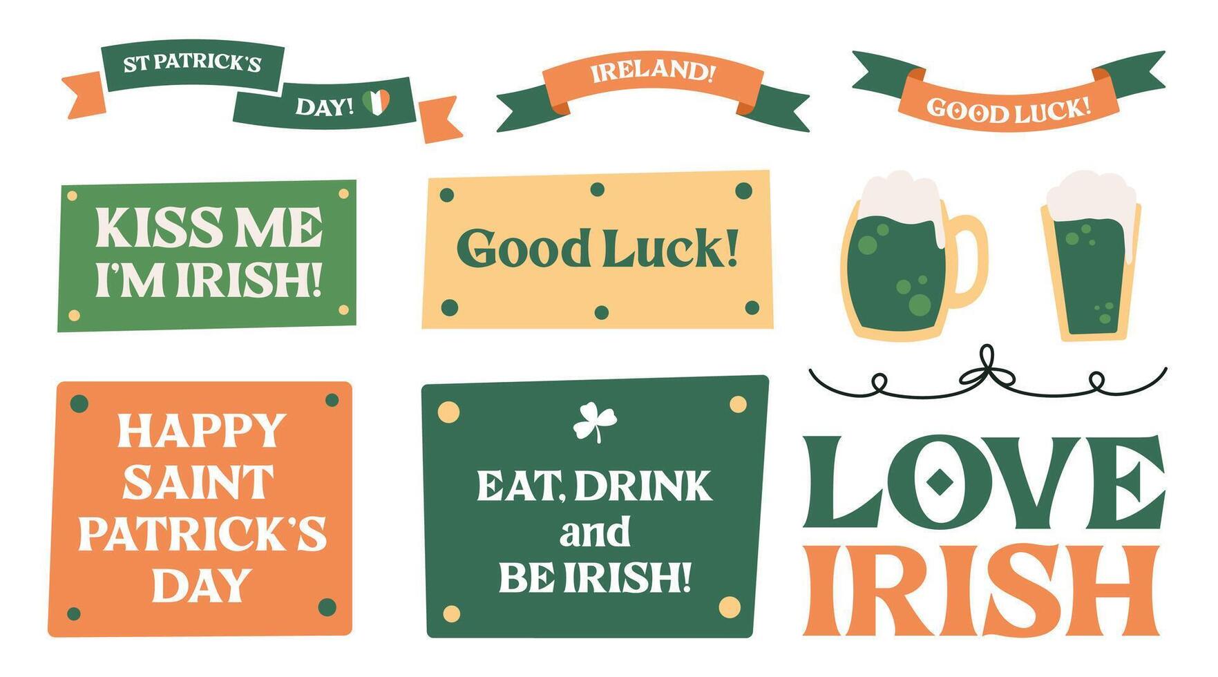 Saint Patrick's Day sticker set, Irish holiday design elements with Irish flags, flag decorations, green beer, hats, speech bubbles, horseshoe and leprechaun gold. Vector illustration.