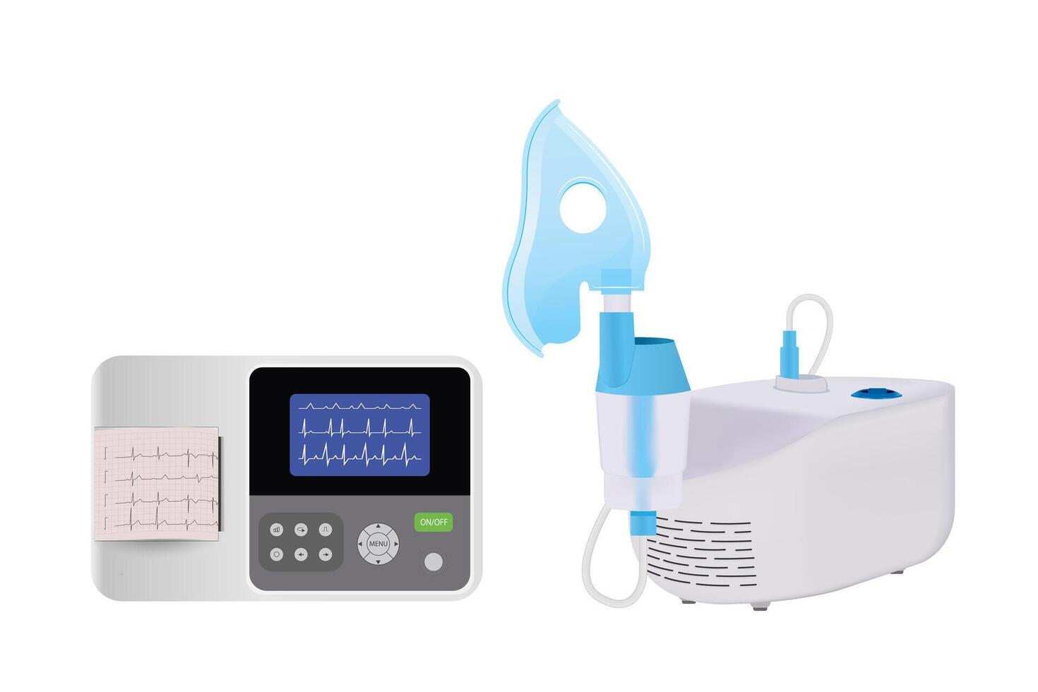 Medical aerosol. Nebulizer mask for bronchitis. Compressor inhaler.  Electrocardiographic patient monitoring - medical device vector