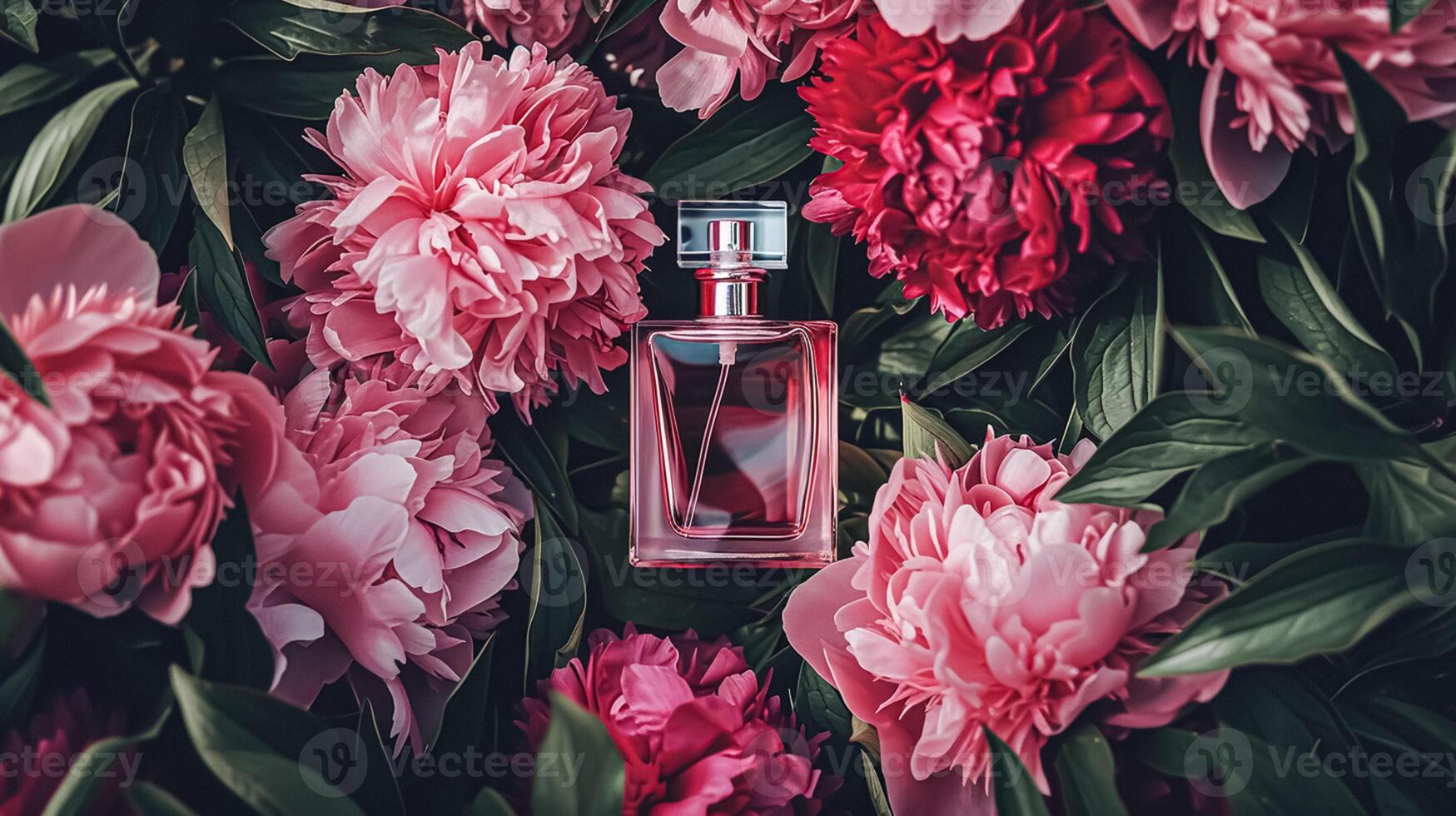 ai generado perfume botella en flores, fragancia en floreciente fondo, floral olor y cosmético producto foto