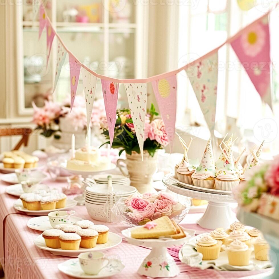 AI generated Birthday tablescape or candy bar with sweets, Birthday cake and cupcakes, beautiful party celebration photo