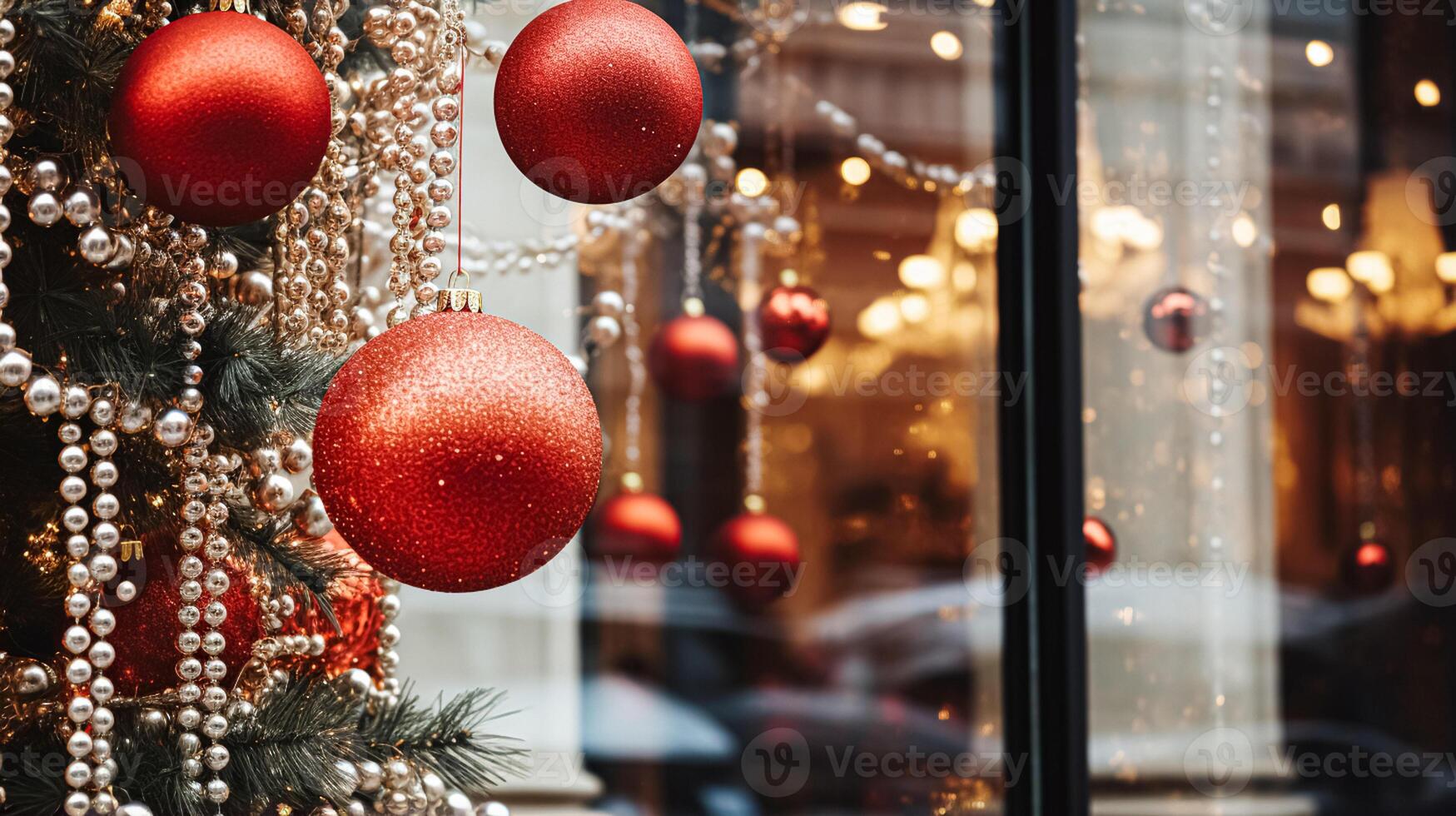 ai generado Navidad decoración detalles en Inglés estilizado lujo alto calle ciudad Tienda puerta o compras ventana mostrar, fiesta rebaja y tienda decoración foto