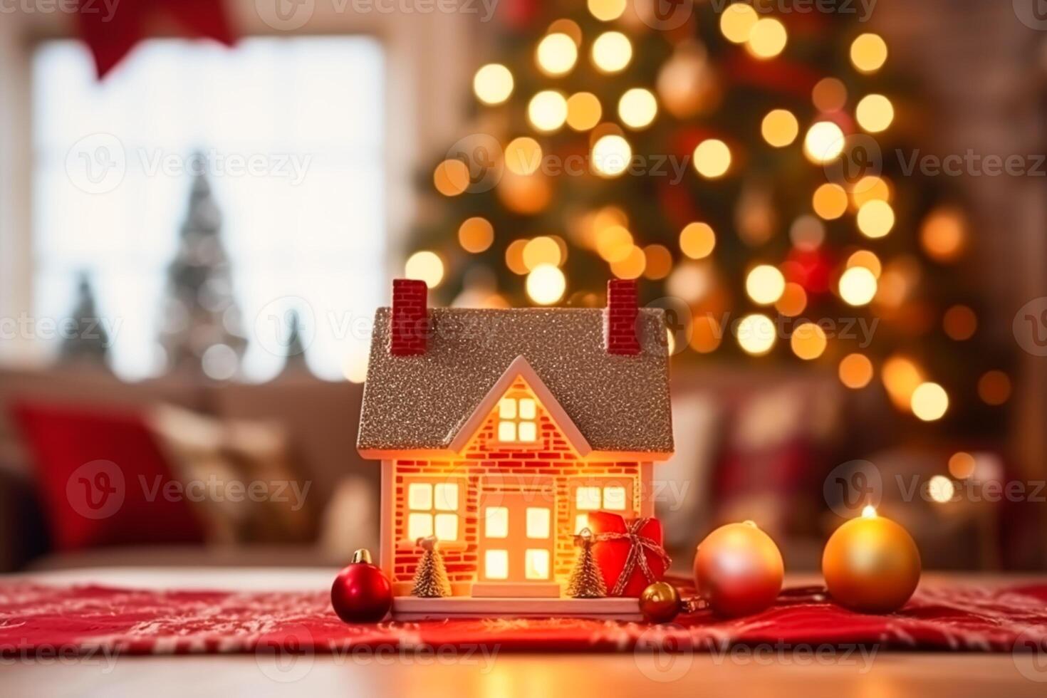 ai generado Navidad juguete cabaña, fiesta tiempo, país estilo decoración y acogedor atmósfera en el Inglés campo casa con Navidad árbol y hogar en fondo, invierno Días festivos foto