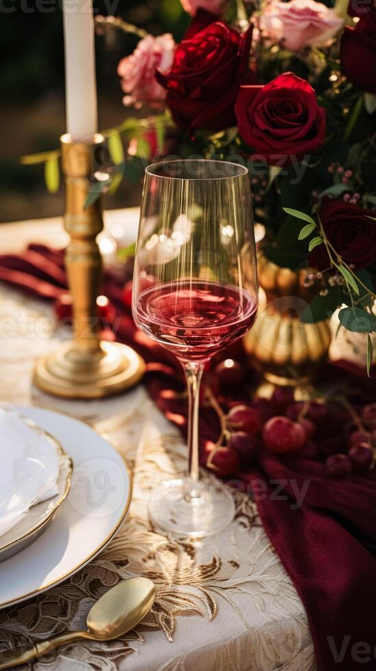 AI generated Elegant tablescape, formal dinner table setting with red roses and wine, elegant table decor for wedding, dinner party and holiday event decoration, home styling photo