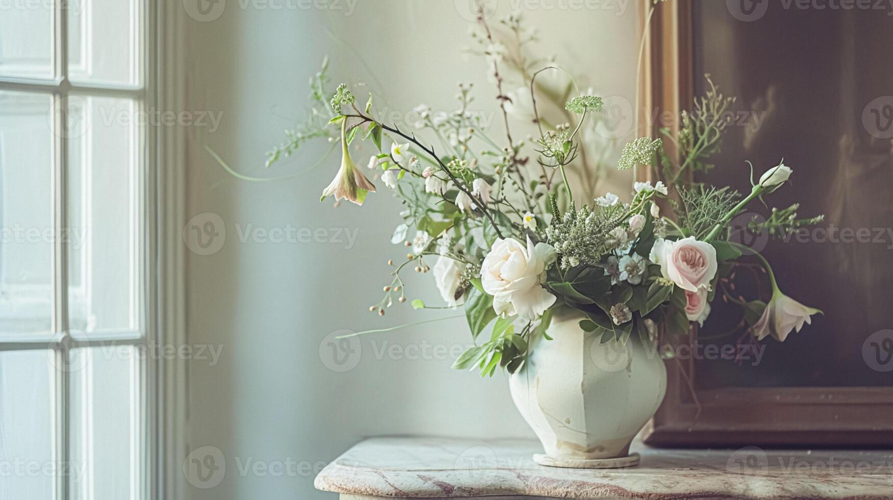 AI generated Spring flowers in vintage vase, beautiful floral arrangement, home decor, wedding and florist design photo