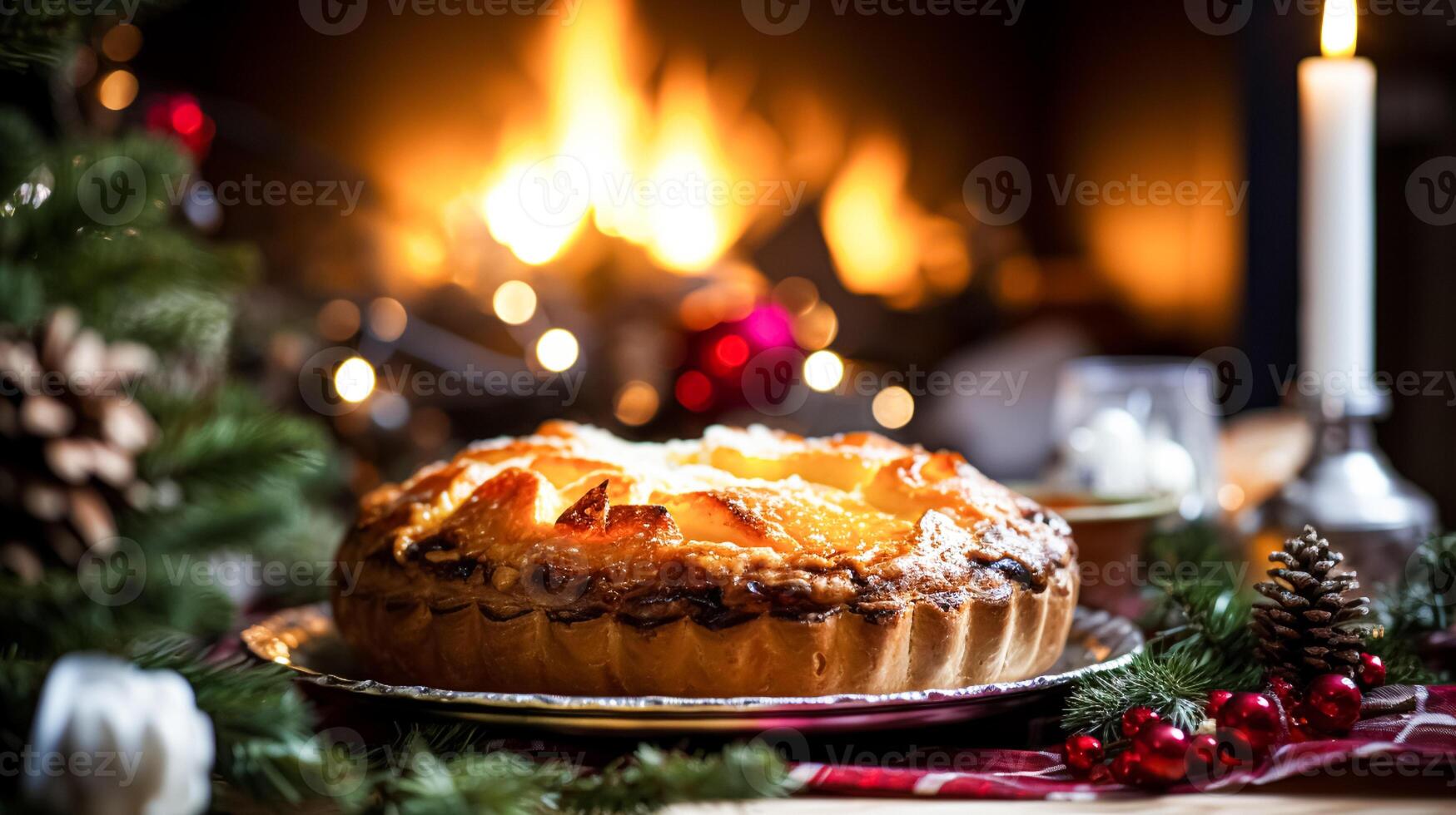 AI generated Christmas pie, holiday recipe and home baking, meal for cosy winter English country dinner in the cottage, homemade food and british cuisine photo