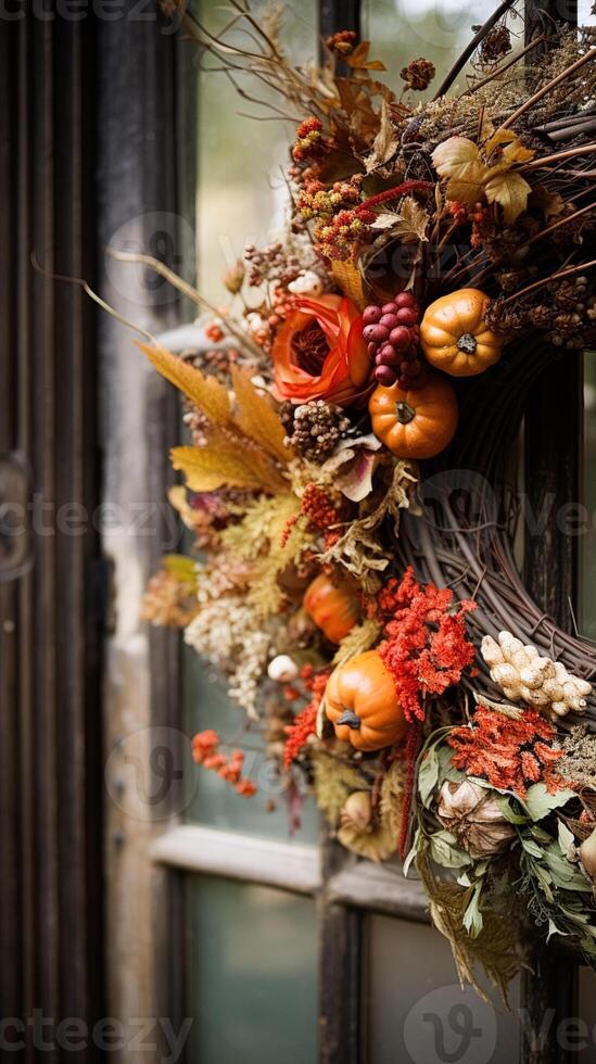 AI generated Autumn wreath decoration, autumn holiday season in the English countryside style, botanical autumnal decor photo
