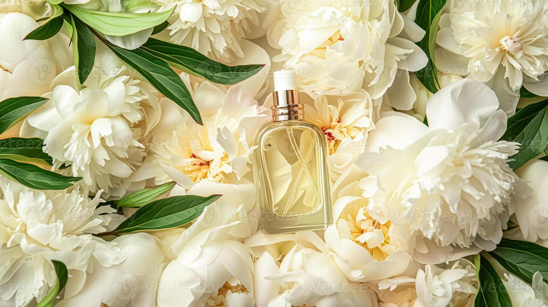 AI generated Perfume bottle in flowers, fragrance on blooming background, floral scent and cosmetic product photo