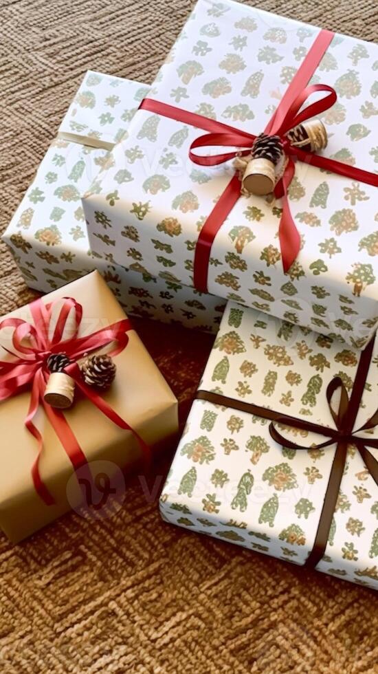 ai generado fiesta regalos y regalos, país cabaña estilo envuelto regalo cajas para boxeo día, Navidad, san valentin día y Días festivos compras venta, belleza caja entrega foto