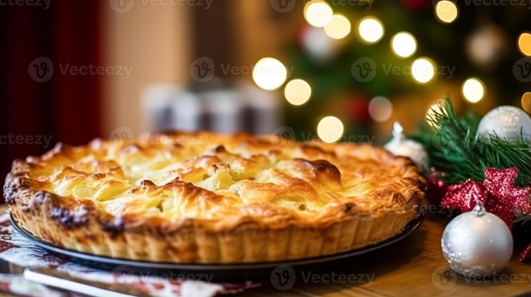 AI generated Christmas pie, holiday recipe and home baking, meal for cosy winter English country dinner in the cottage, homemade food and british cuisine photo