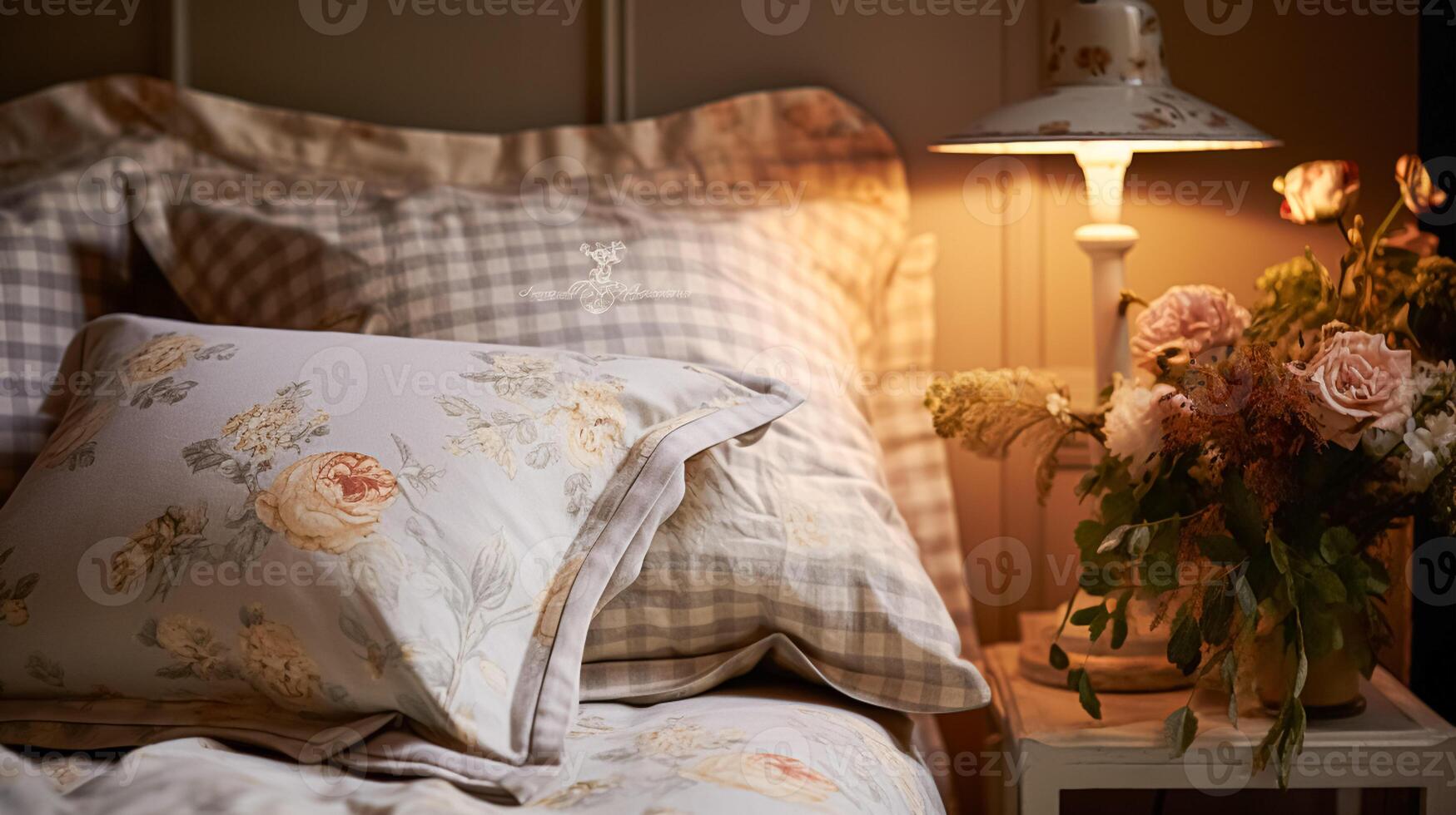 AI generated Bedroom decor, modern cottage interior design and home decor, bed linen and elegant country bedding style, lamp and flowers, English countryside house or holiday rental photo