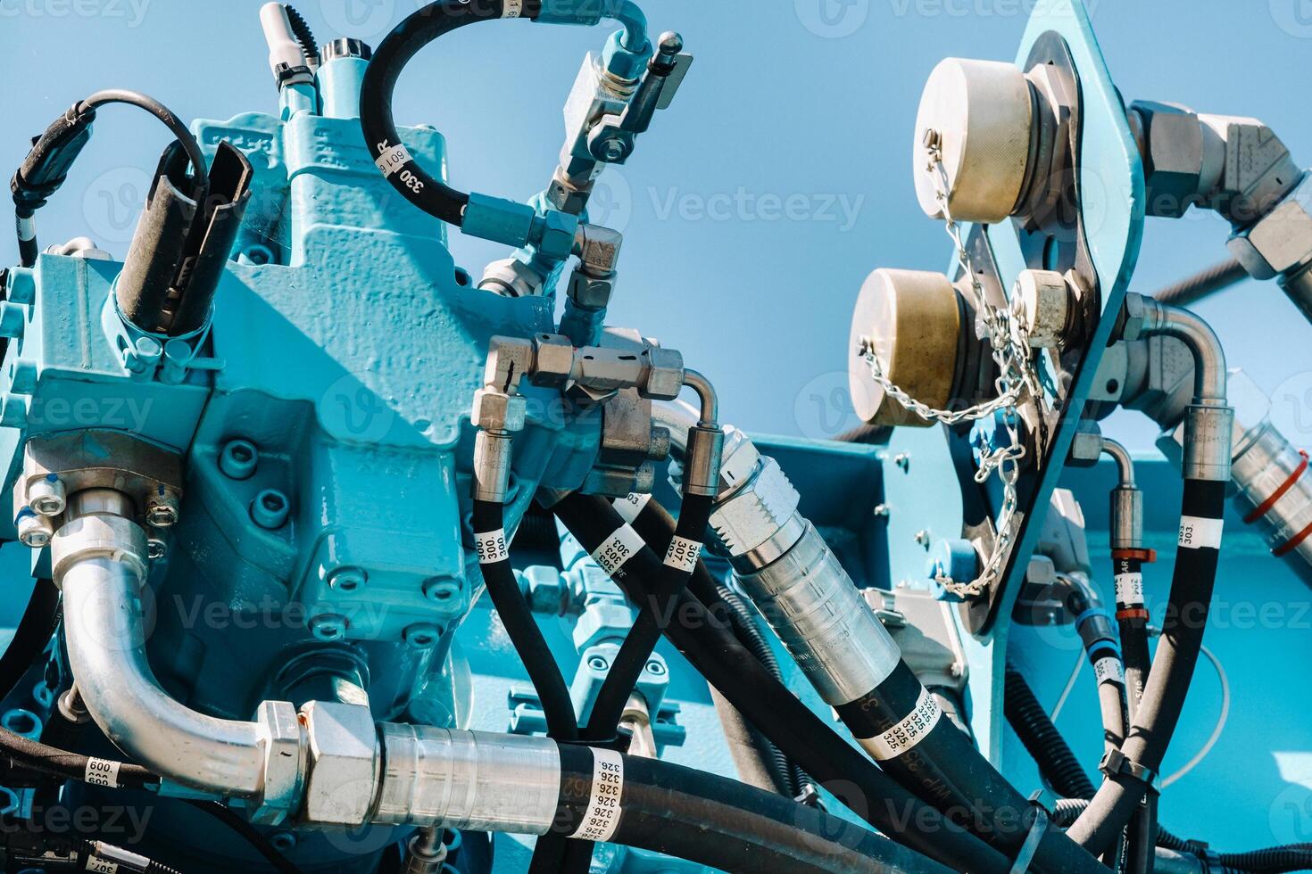 There are many hydraulic hoses and a hydraulic crane lifting control system.Crane engine control system photo