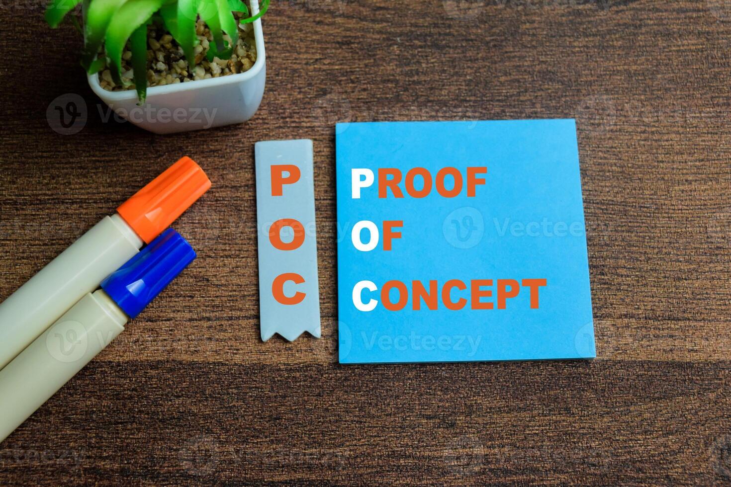 Concept of POC - Proof of Concept write on sticky notes isolated on Wooden Table. photo
