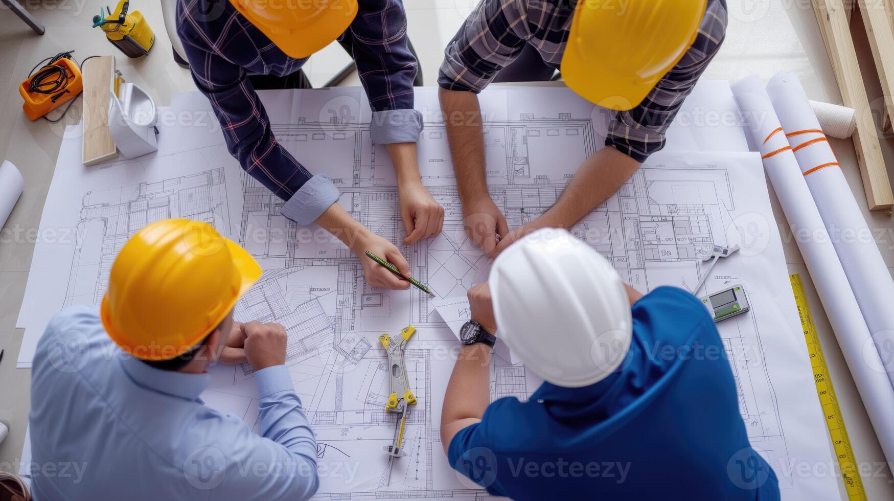 AI generated A group of construction workers with hard hats are intently discussing building plans laid out on a table, indicating teamwork in a professional setting photo