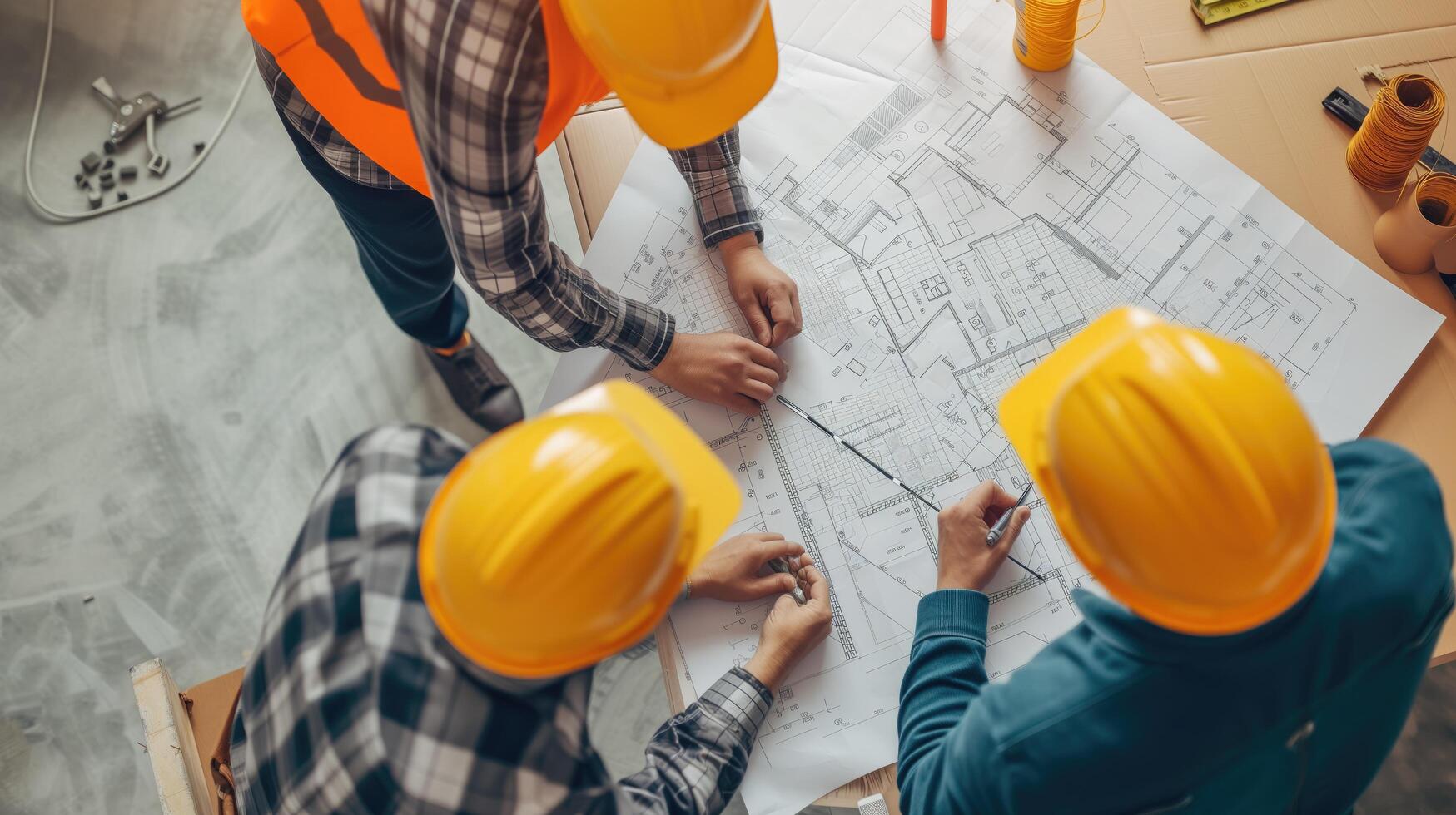 AI generated A group of construction workers with hard hats are intently discussing building plans laid out on a table, indicating teamwork in a professional setting photo