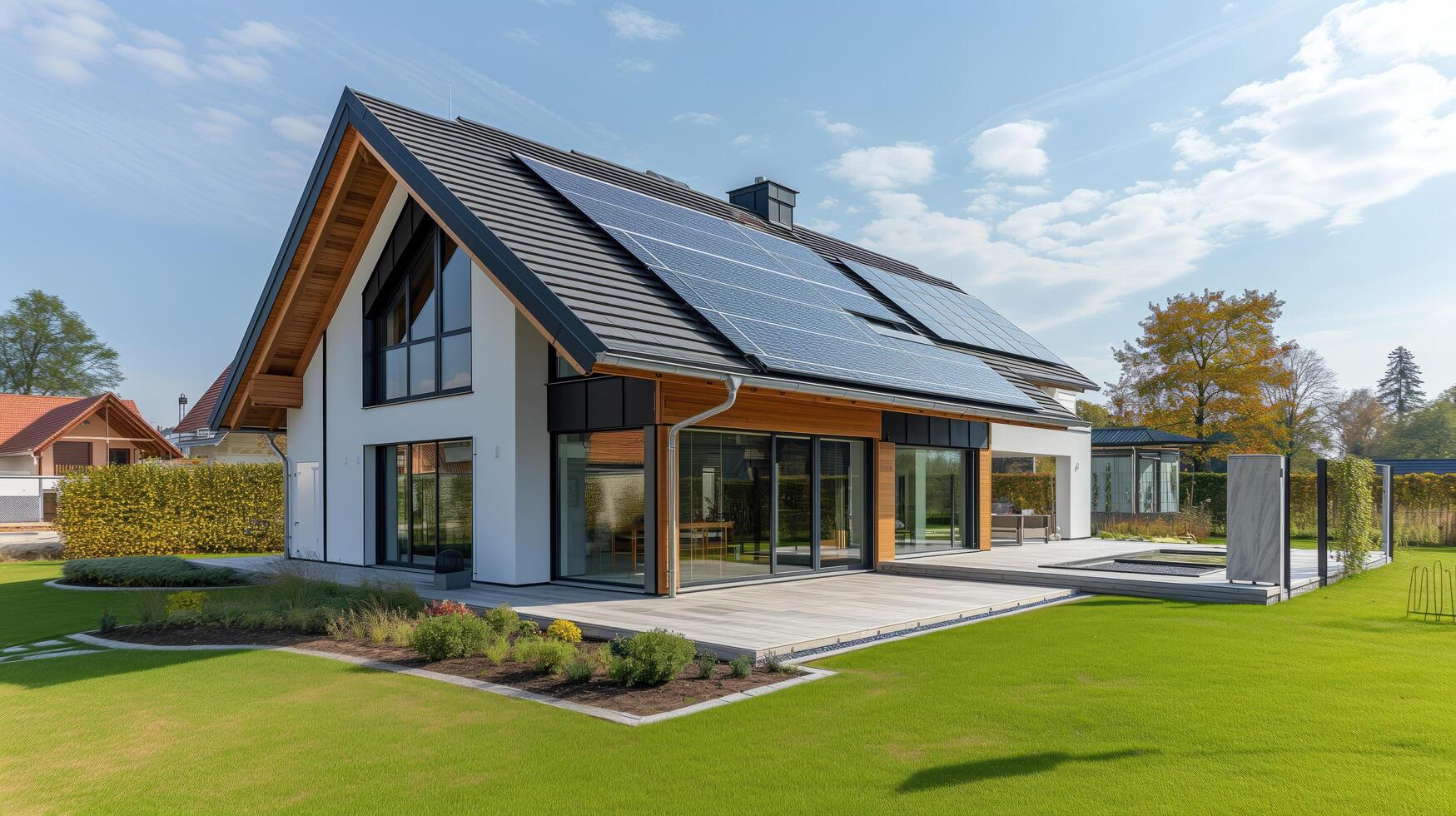 ai generado moderno sostenible hogar con solar paneles en techo y lozano jardín en luz foto