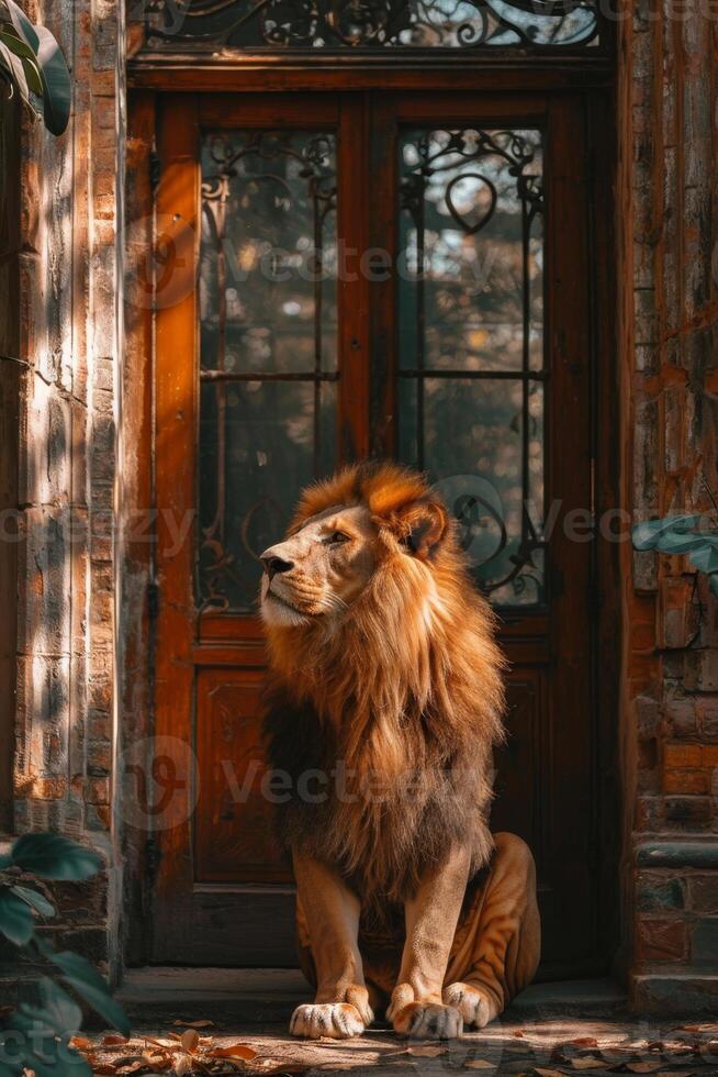 ai generado un grande león es sentado guardando el frente puerta de el casa foto