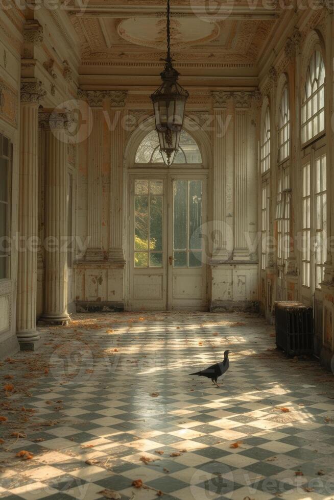 AI generated The interior of a large antique living room with large floor-to-ceiling windows photo