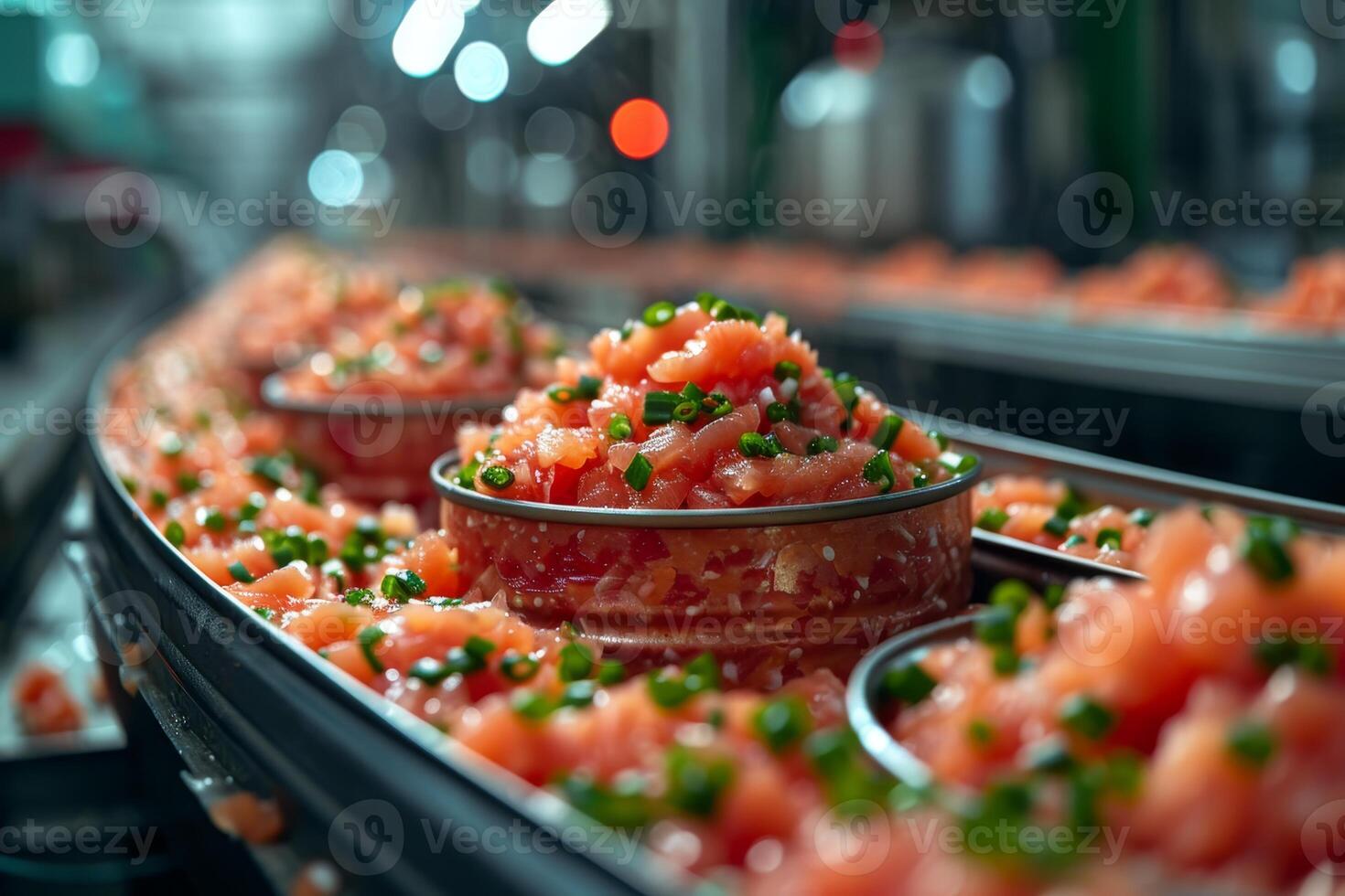 AI generated Production of canned fish. Tin cans of fish on the conveyor photo