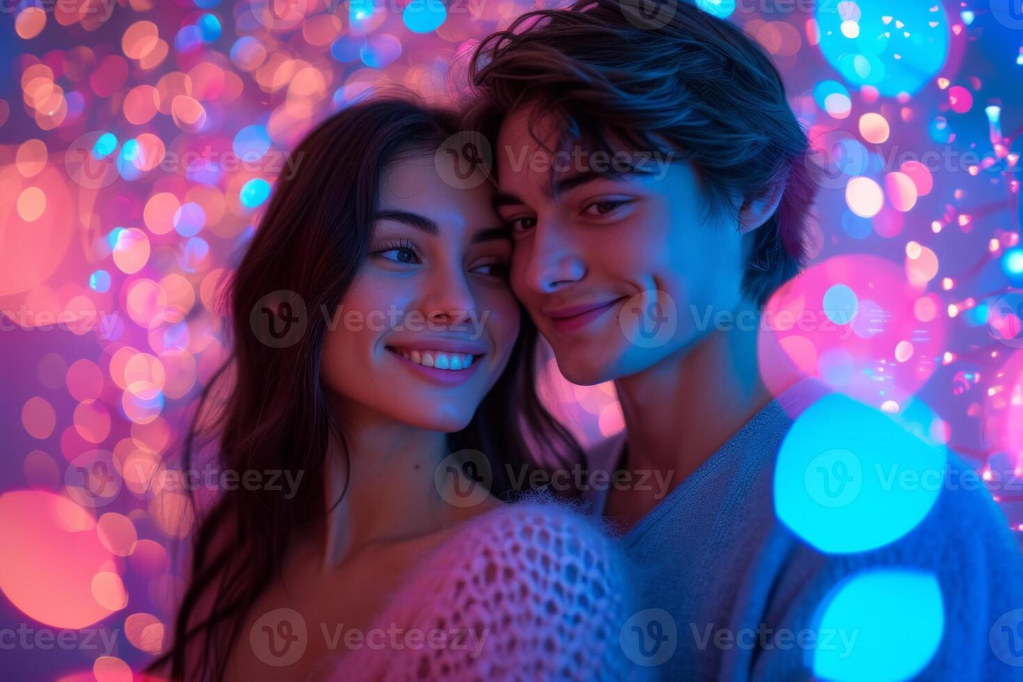 AI generated Portrait of a young couple in the evening lights of the city photo