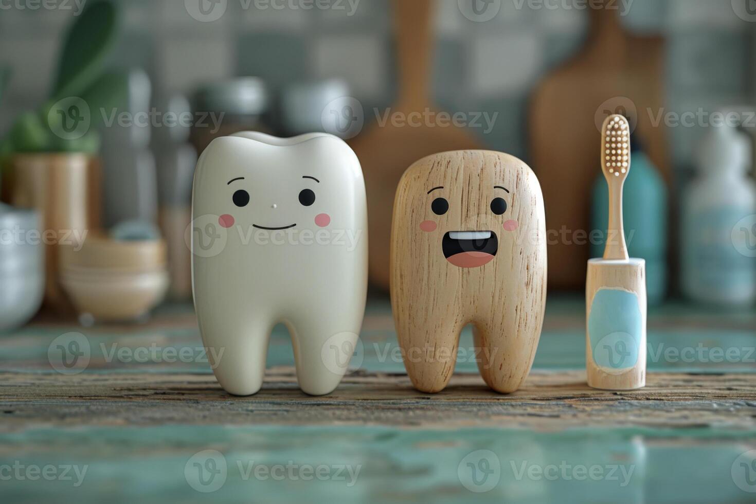 AI generated Funny cartoon smiling figures. A set of organic oral care products with emoticons . The concept of environmental hygiene photo