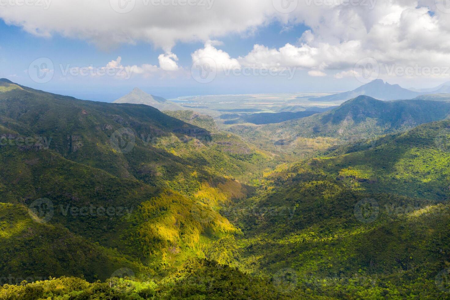Bird's-eye view of the mountains and fields of the island of Mauritius.Landscapes Of Mauritius. photo
