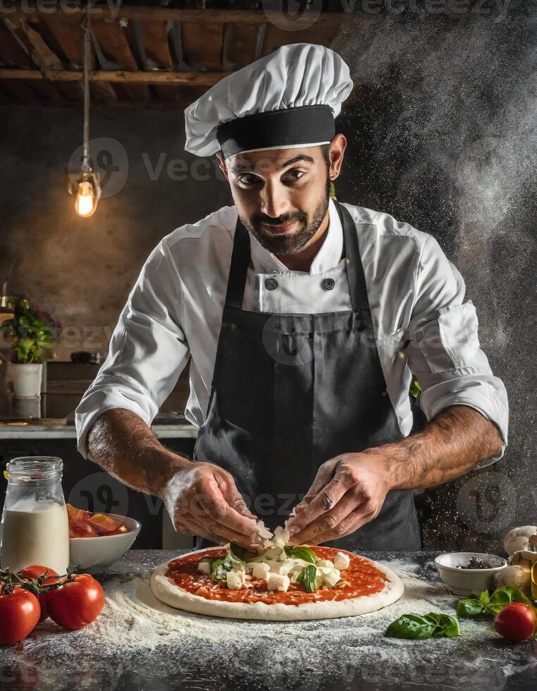 ai generado cocinero agregando ingredientes a rústico Pizza mirando a cámara en un cocina. foto
